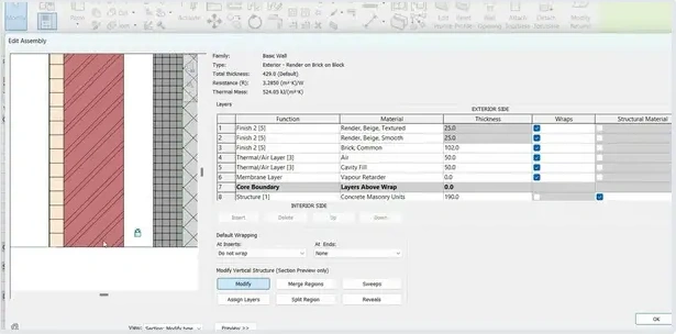 Hộp thoại Edit Assembly: lõi gạch nằm giữa hai đường Core Boundary